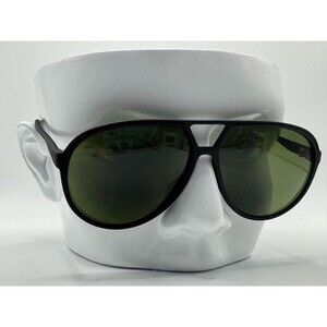 NEW Vintage Oversize Sunglasses Matte Black Plastic Aviator Green Lens Essilor